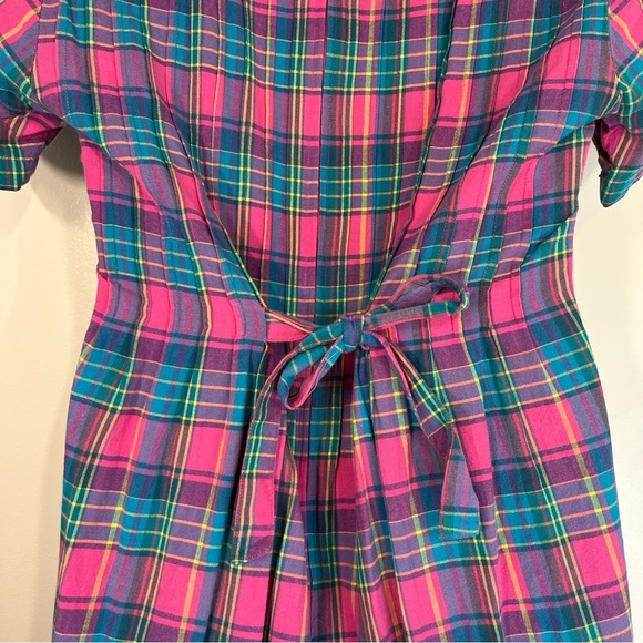 Vintage 90s Pleated Plaid Midi Dress Short Sleeves High Low Pink Blue - Picture 8 of 12